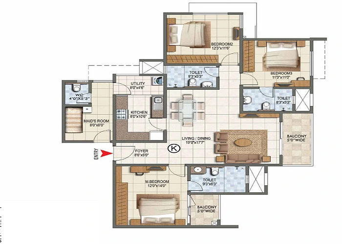Sobha Seinna 3 BHK floor plan showing master bedroom, two bedrooms, living and dining, kitchen with utility, maid's room and two balconies