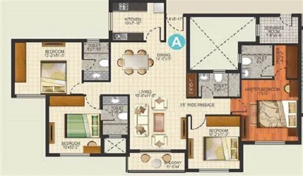 Sobha Seinna 4 BHK floor plan showing the 11'x13' master bedroom with dresser, three further bedrooms, 14'6"x11' dining, 10'6"x11'8" living, 10'x7'10" kitchen, servant's room, four toilets and an 11'6"x4' balcony