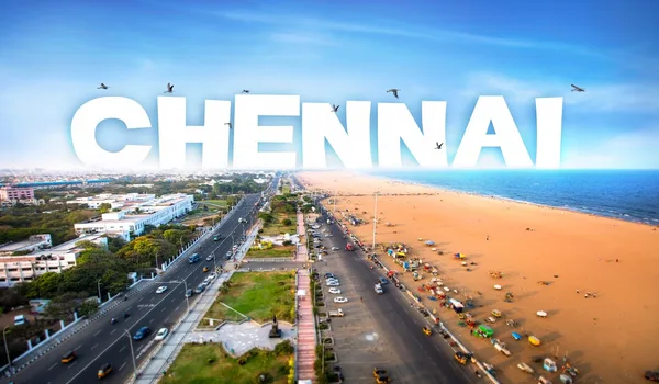 Aerial view of Chennai city with Marina Beach and the coastal road along the Bay of Bengal