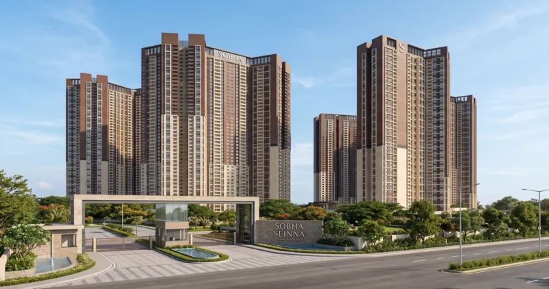 Sobha Seinna gated entrance, arrival court and three apartment towers viewed from the main road at Egattur, OMR